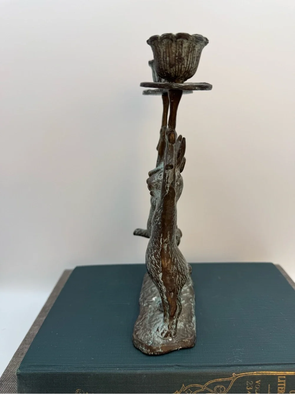 Vintage Bronze with Verdigris Rabbit Candlestick Holders
